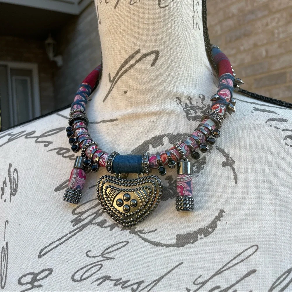 Tribal Boho Fabric, String and Metal Necklace - Picture 10 of 10